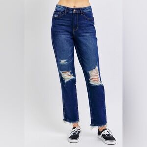 Judy Blue Full Size High Waist Rigid Magic Heavy Destroy Straight Jeans